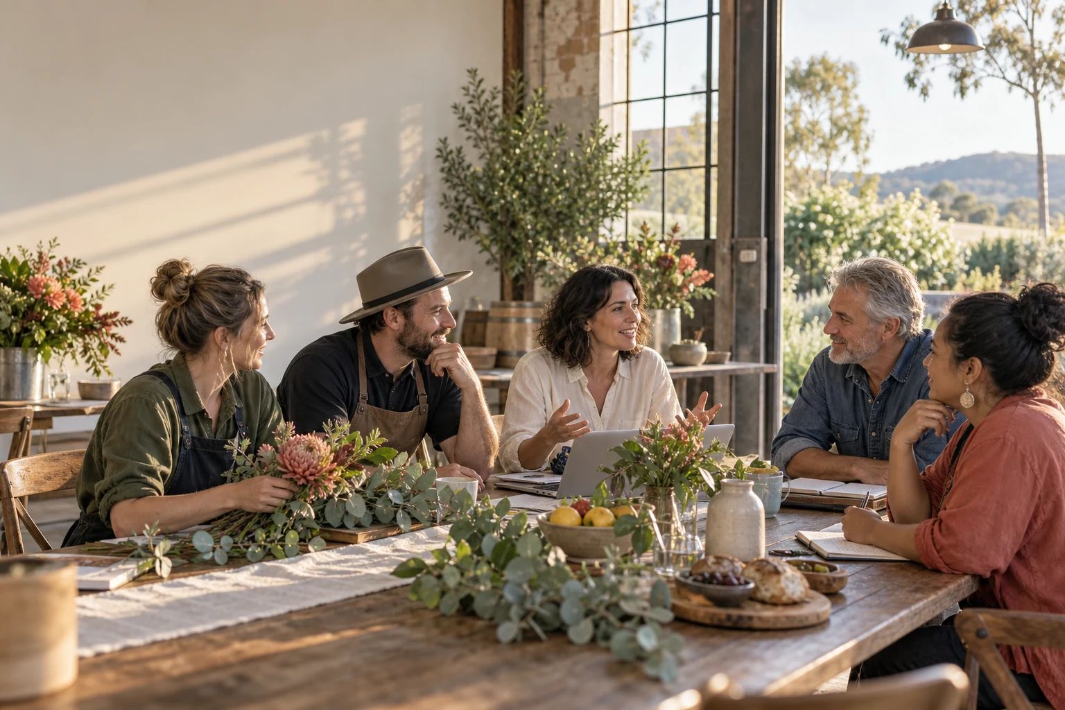 Five regional business and community people exchange ideas around a table with flowers and food