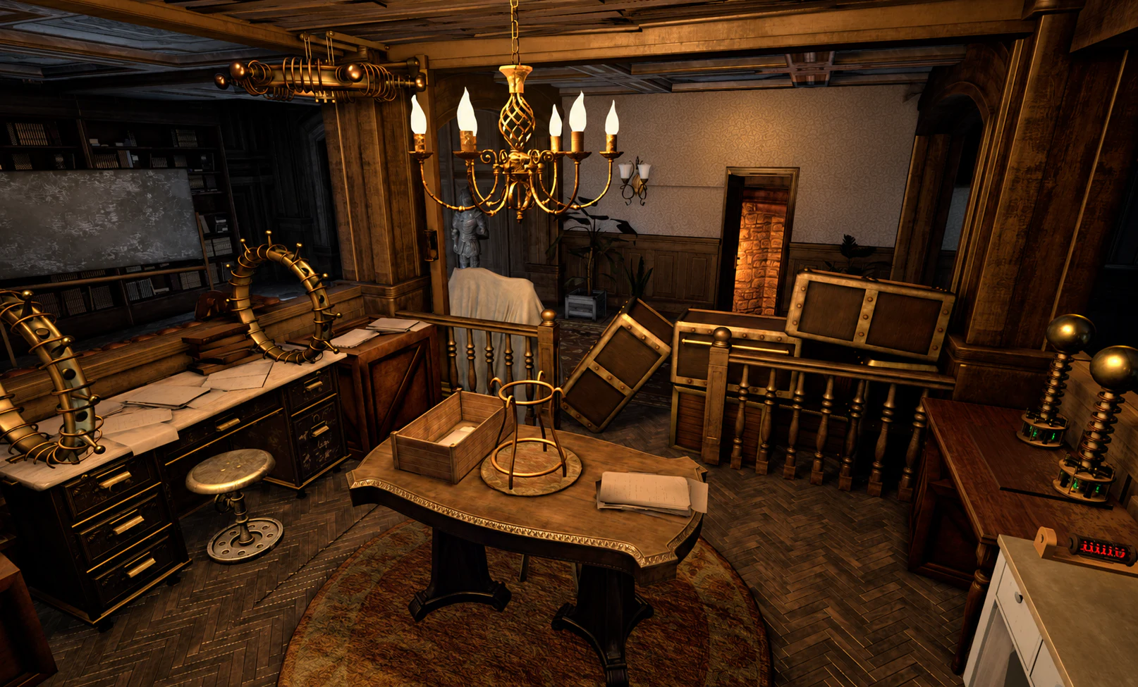 A richly detailed virtual-reality puzzle room with a chandelier, desks, books and mechanical objects.