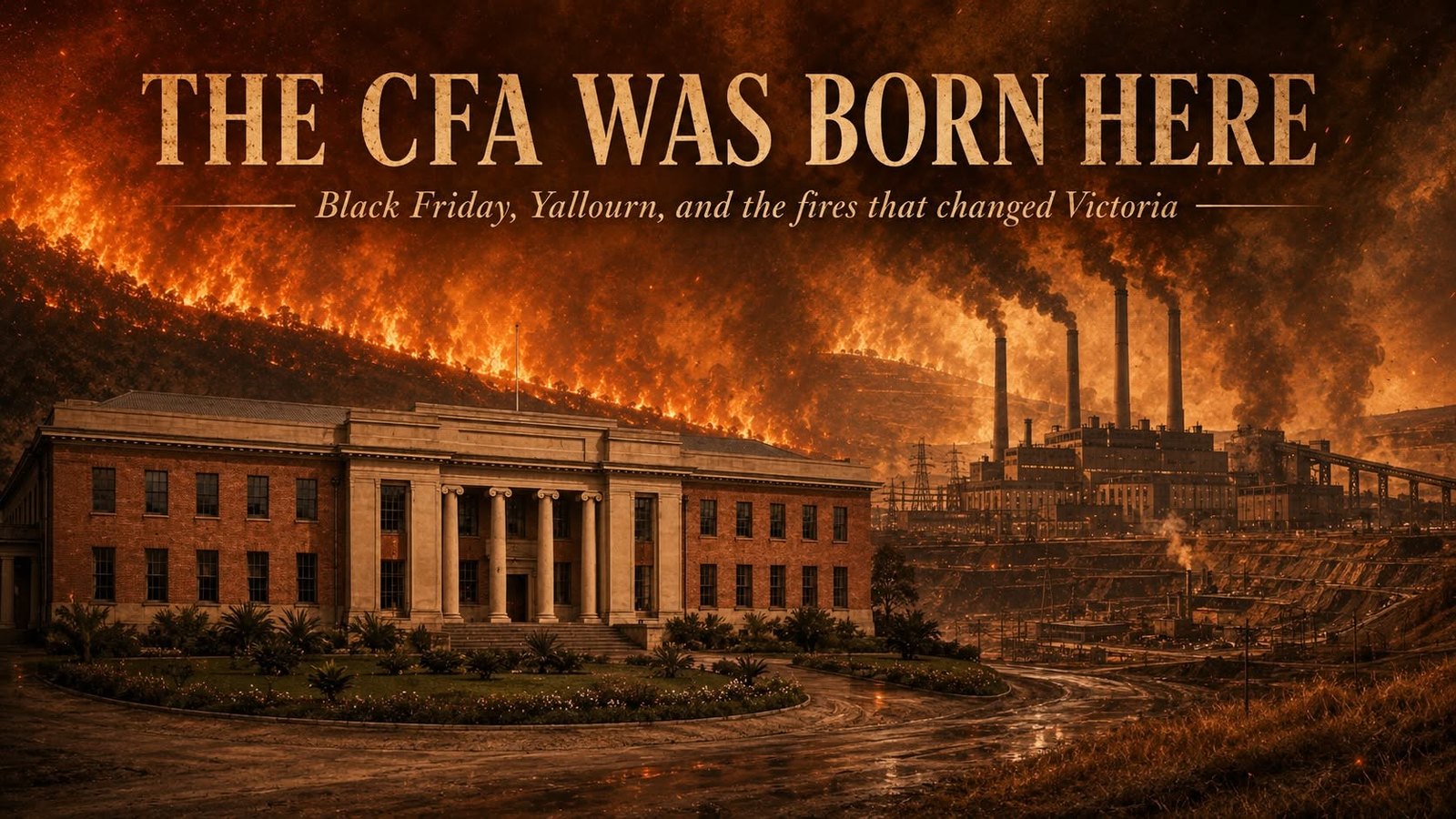 Historical composition of the 1939 Black Friday bushfires, including flames, smoke and firefighting scenes.