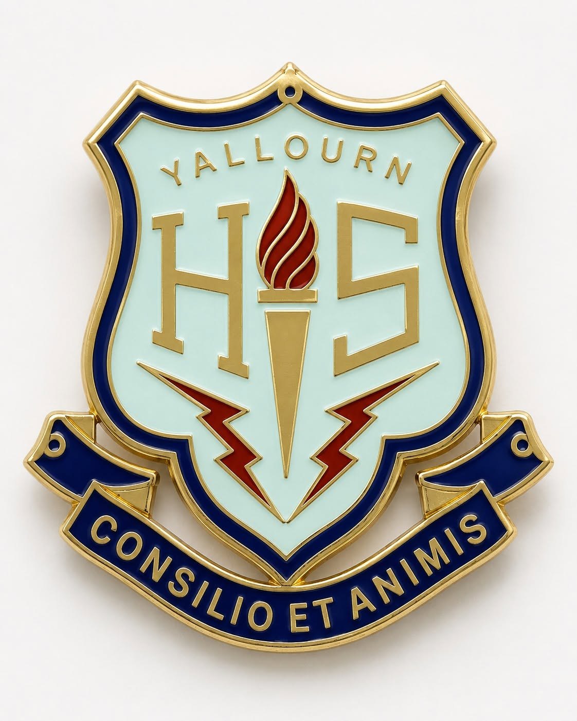 Yallourn High School students and school buildings arranged around the school crest.