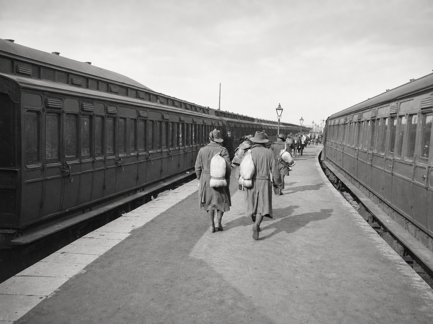 Australian servicemen carrying kit bags walk along a railway platform between two trains at Weymouth in April 1919.