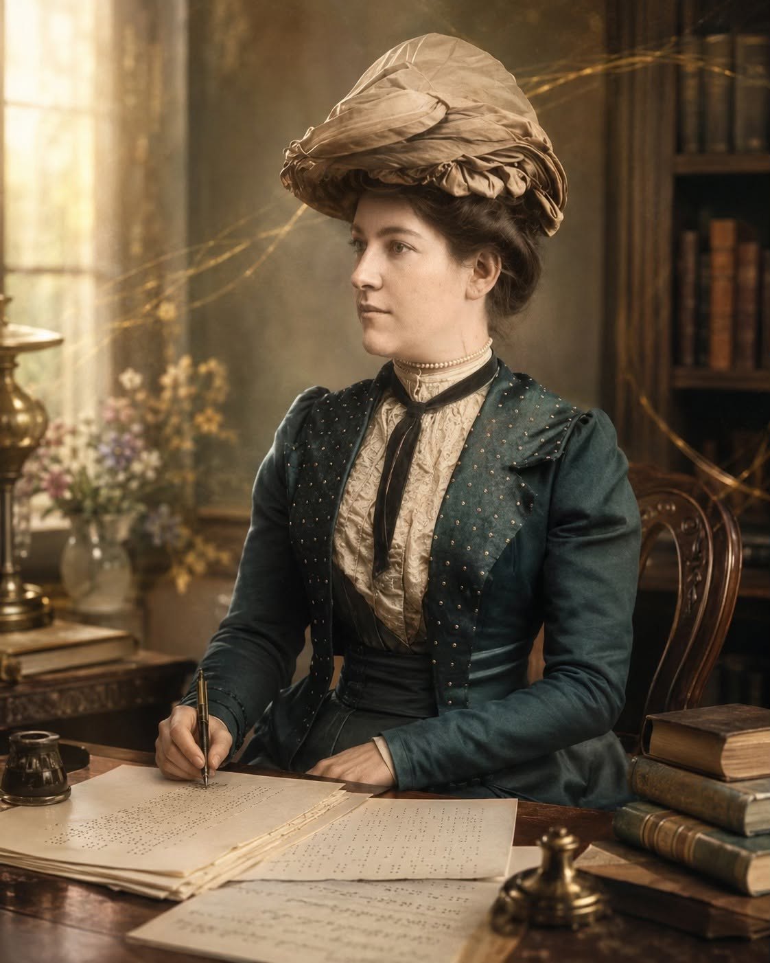 Portrait composition of Mathilde Monash with period educational and musical imagery.
