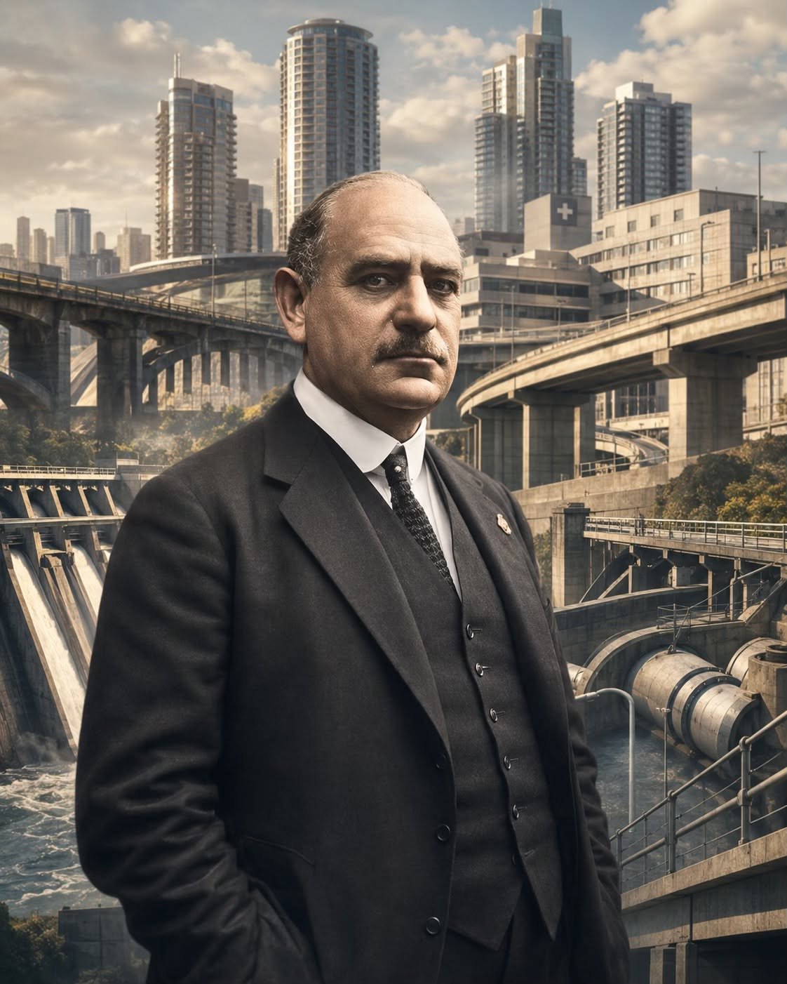 Portrait of Sir John Monash above reinforced-concrete structures and engineering drawings.