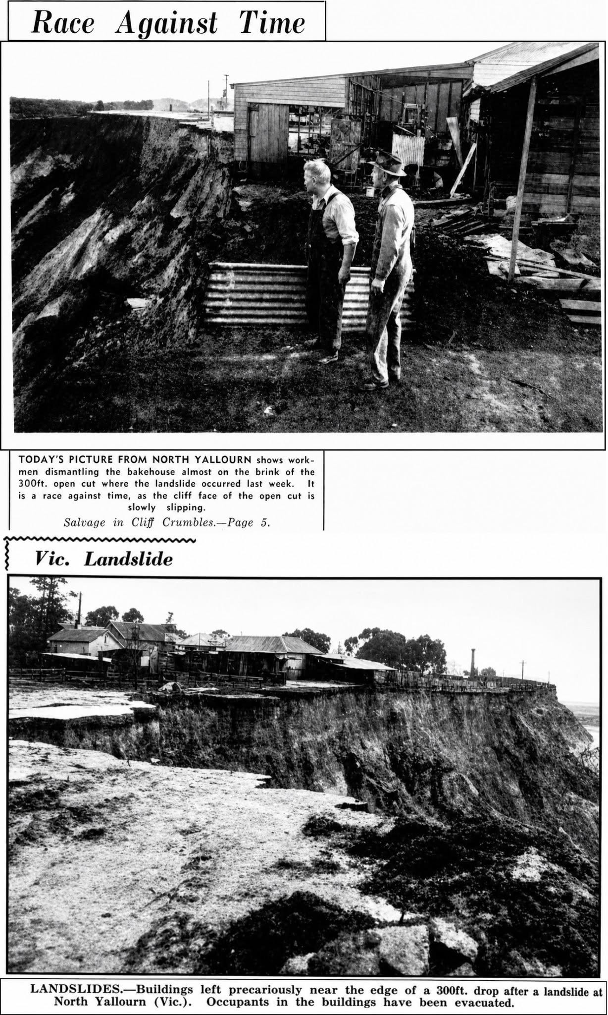 Vertical historical composition of Yallourn North homes and businesses beside the open cut.
