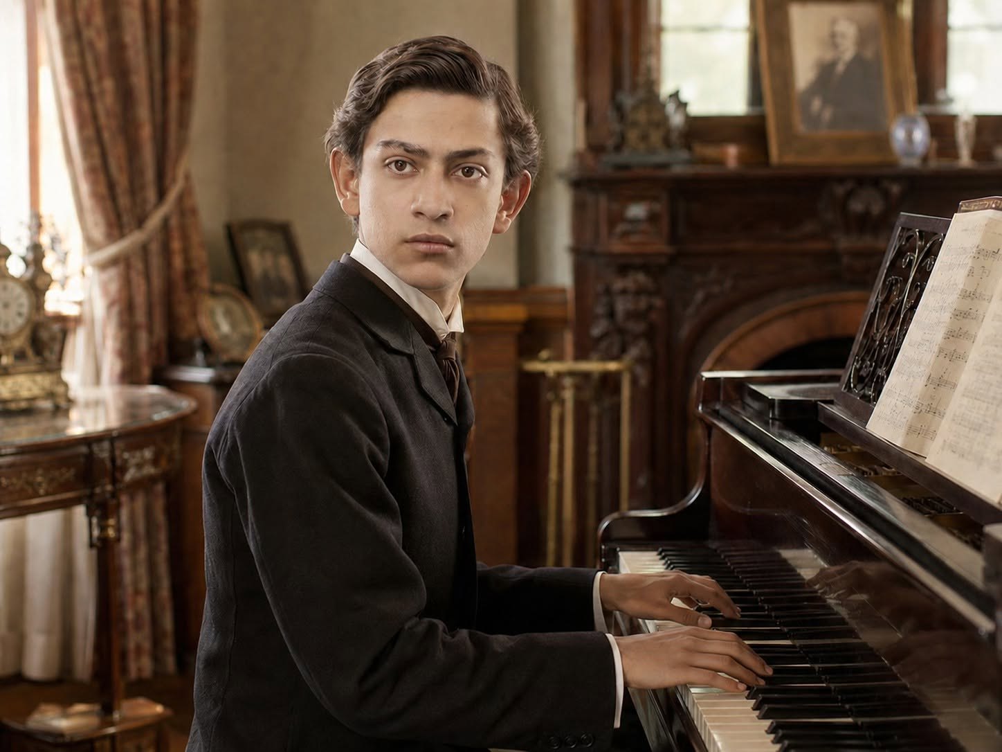 Young John Monash at a piano with a later portrait of Monash and musical notation.