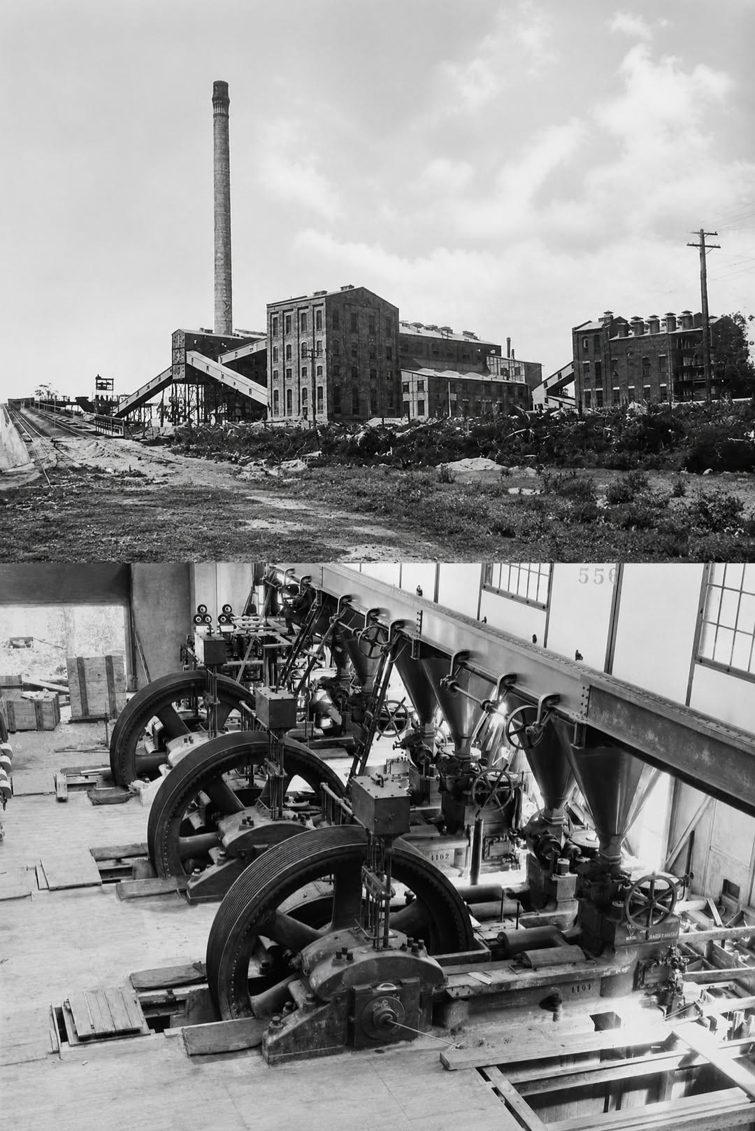 Vertical historical composition showing Yallourn briquette production, workers and industrial machinery.