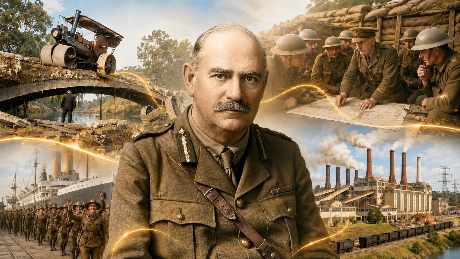 Sir John Monash surrounded by scenes from engineering, military and civic life connected by a golden thread.
