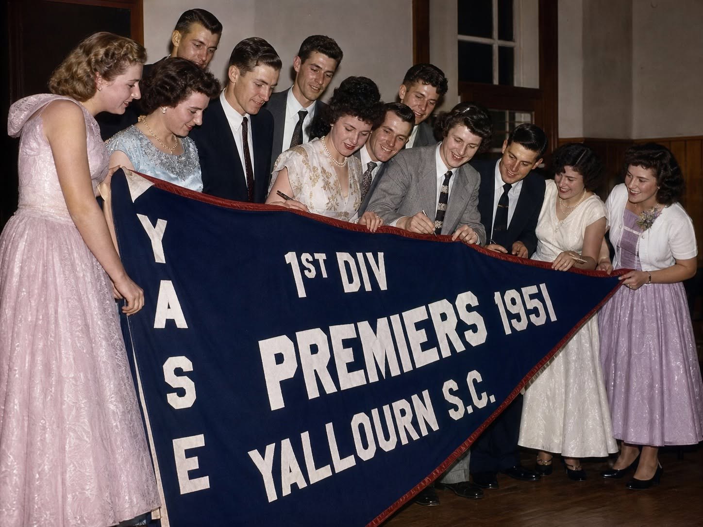 Historical composition celebrating the Yallourn Soccer Club’s championship team.