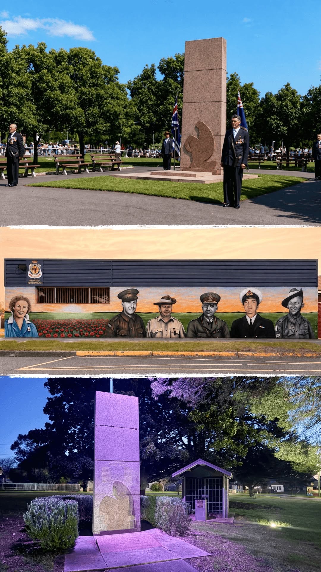 Composite showing the Yallourn war memorial, the Yallourn-Newborough RSL mural and the memorial illuminated at night.
