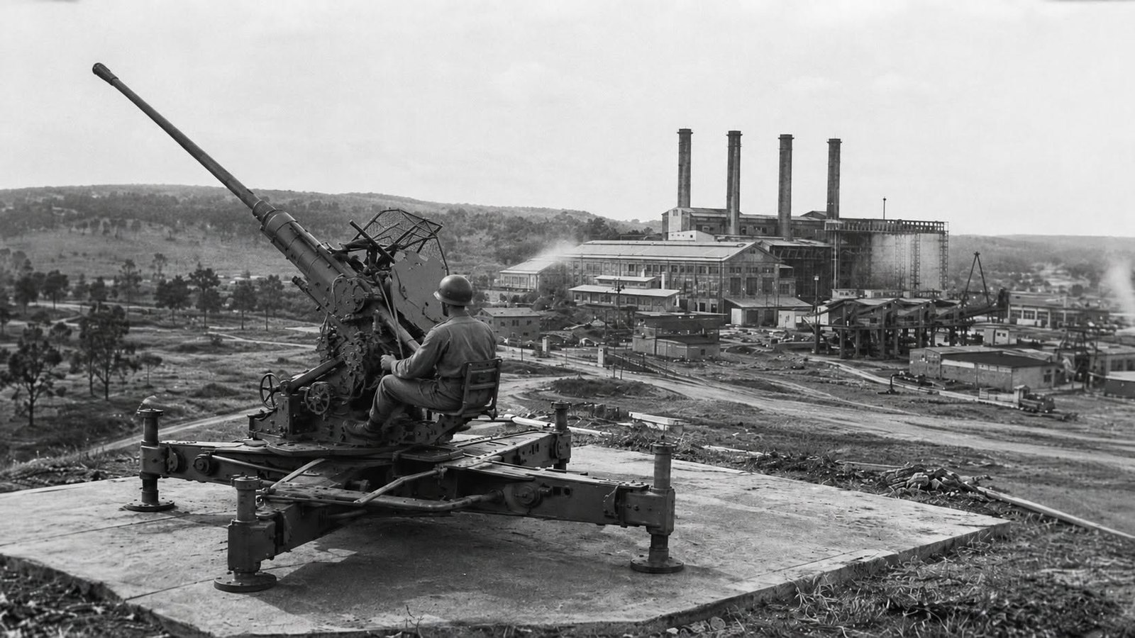 Wartime composition of Yallourn power infrastructure, civil-defence activity and anti-aircraft protection.
