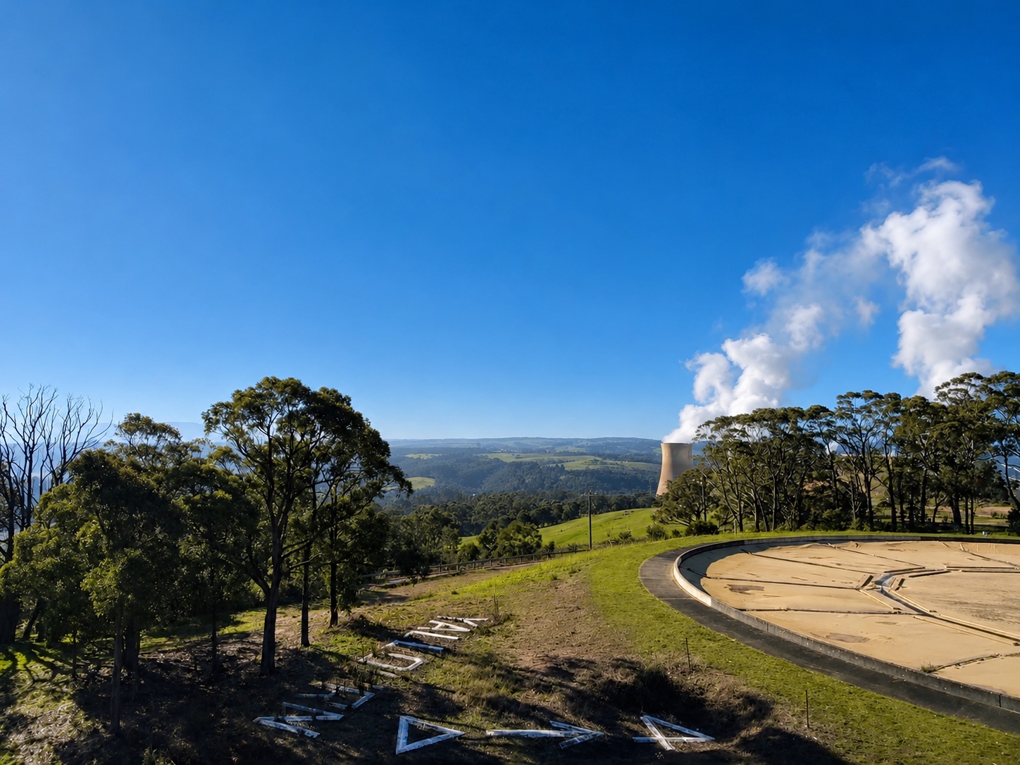 Wide 2026 view of the Yallourn Aerial Navigation Marker beside the reservoir, with power-station infrastructure visible in the distance.