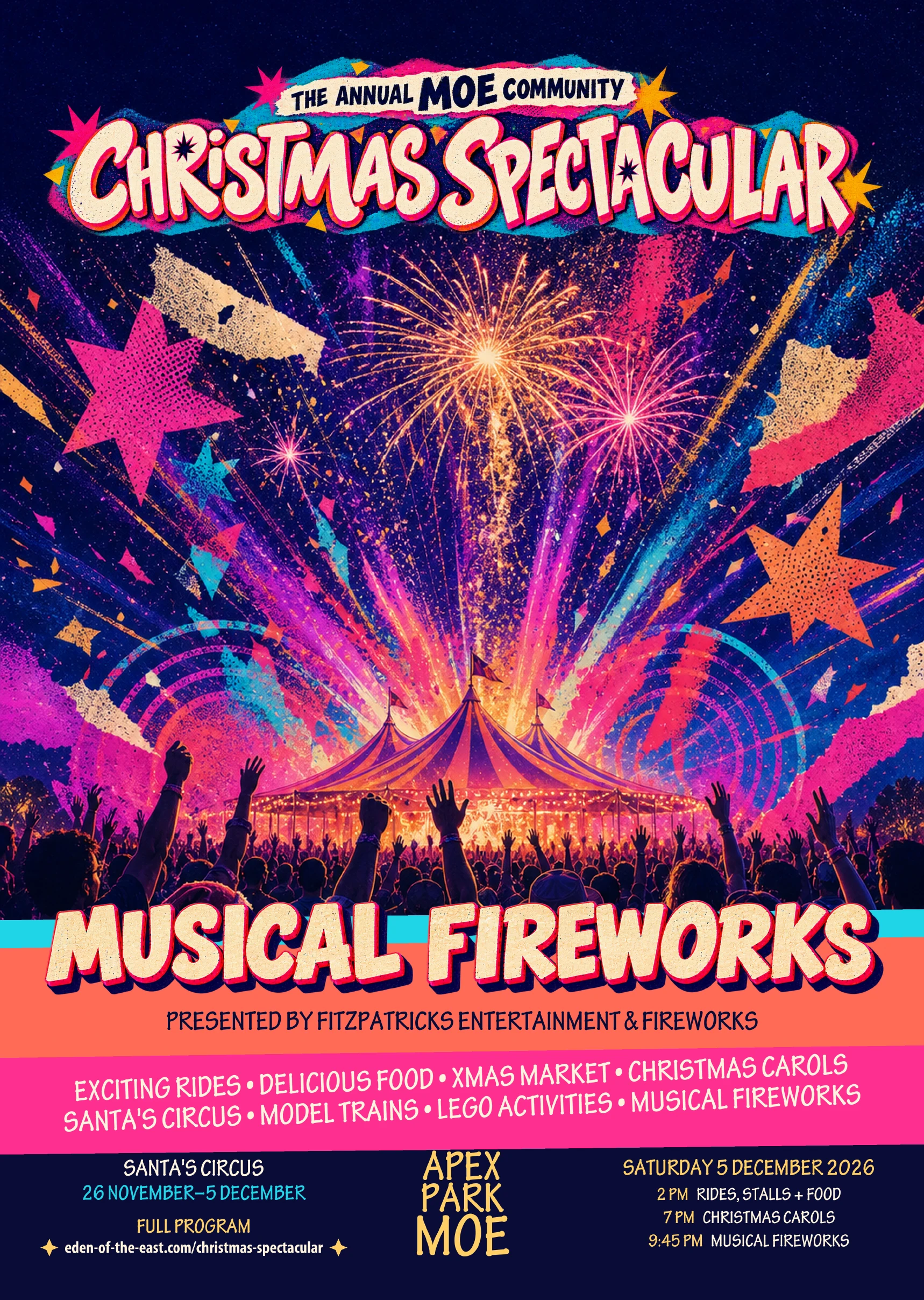 Musical Fireworks poster for the Annual Moe Community Christmas Spectacular