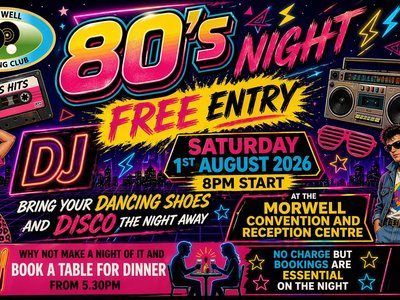 A dancefloor lit with colourful disco lights as people in 80s costumes dance to music at a bowling club function venue.