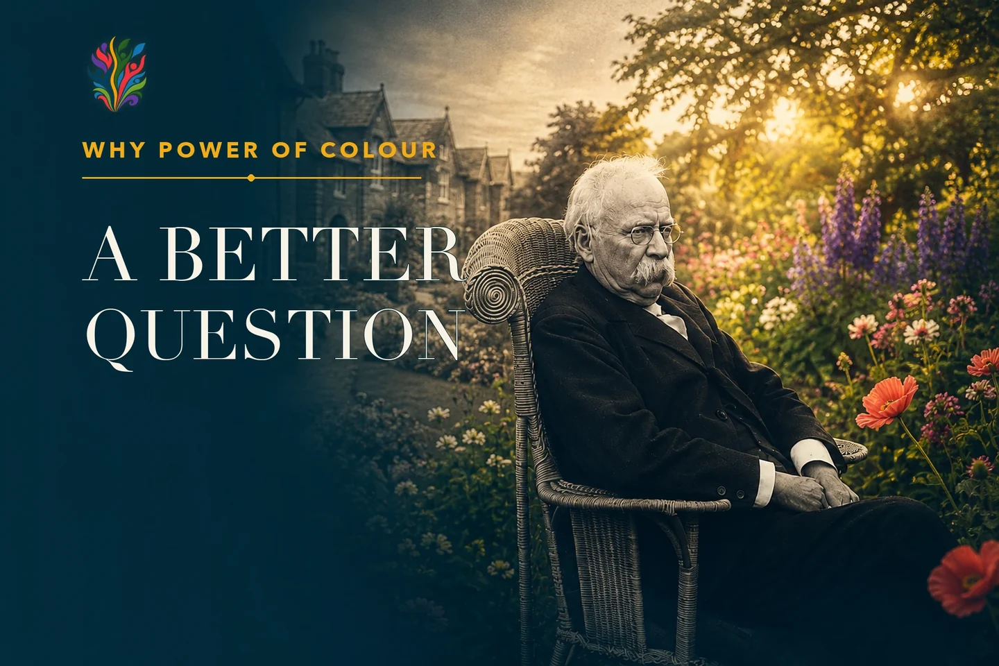 Why Power of Colour: A Better Question. Editorial artwork of a seated historic garden-city thinker, with monochrome architecture opening into a sunlit garden of coral and purple flowers.