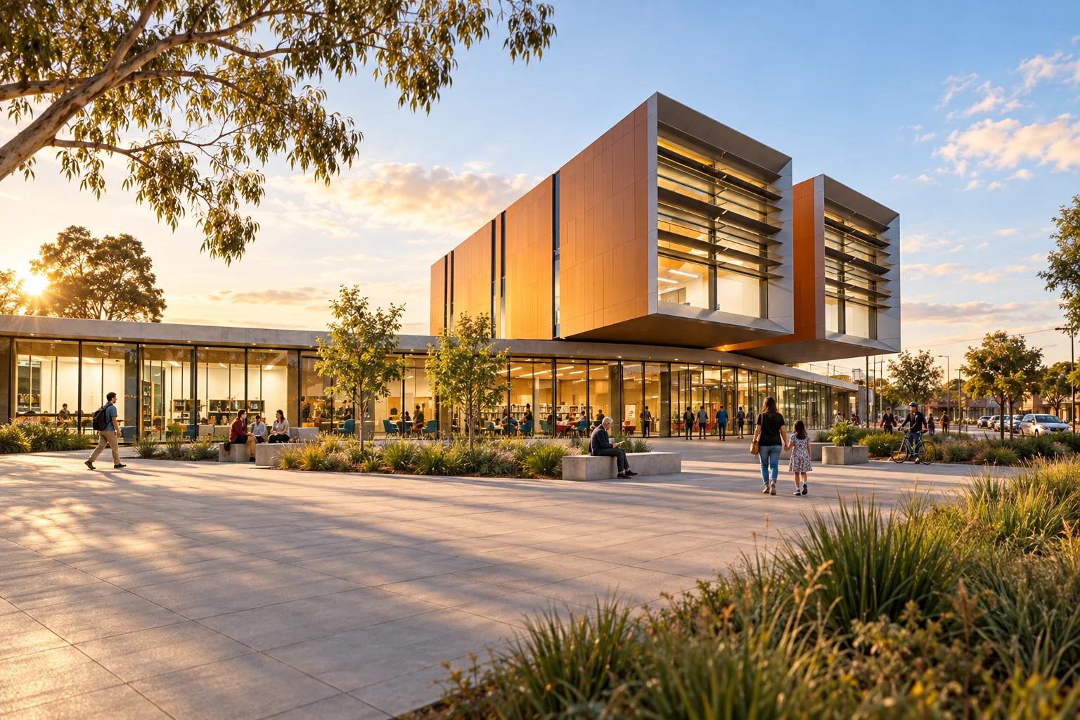 Interpretive view of the Moe library and civic centre in use by residents