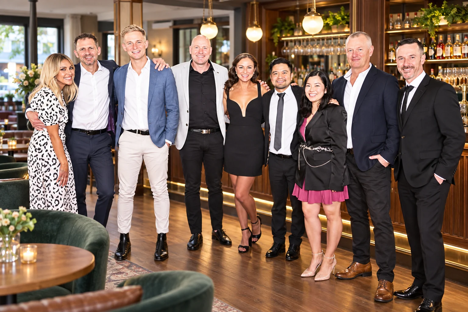 Interpretive portrait of a regional hotel team in a welcoming bar