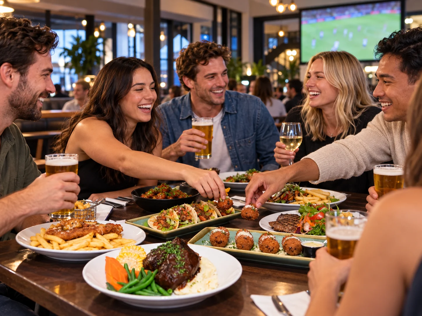 Interpretive scene of friends sharing food and sport in a welcoming regional venue