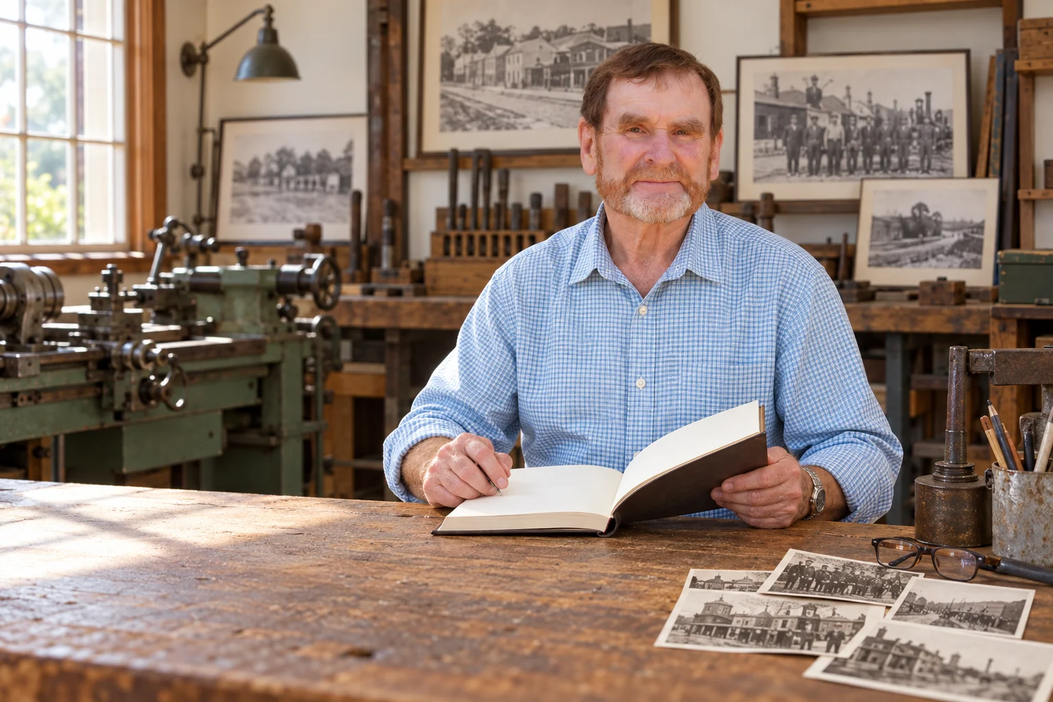 Colour interpretive portrait of Graham Goulding with Yallourn technical-school archives