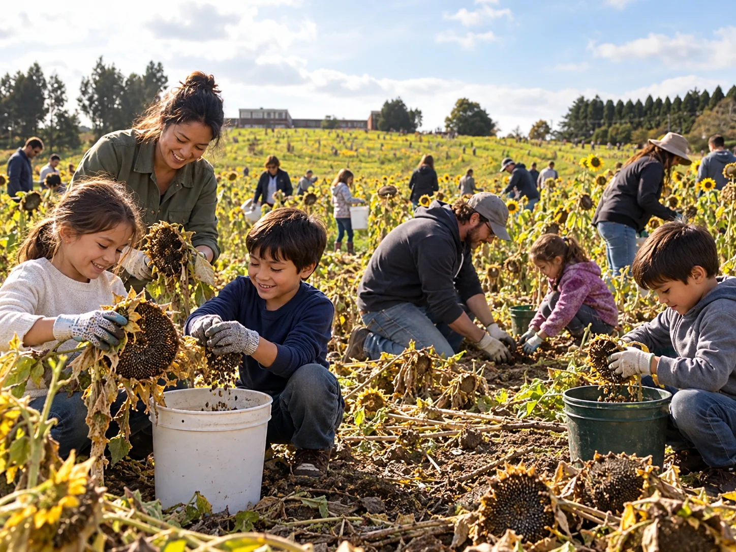 Interpretive scene of families collecting sunflower seeds and caring for the soil