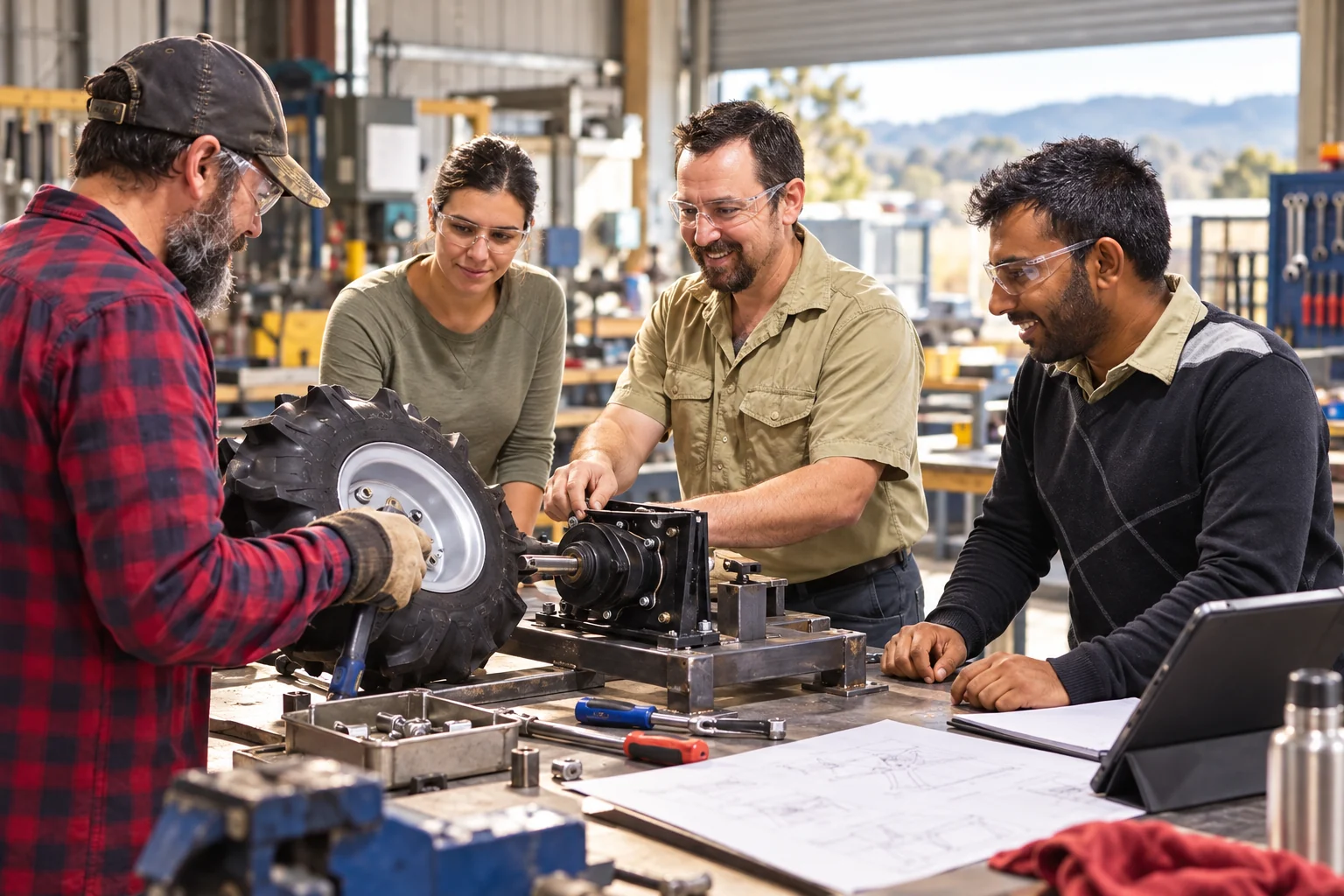A diverse workshop team developing practical equipment together