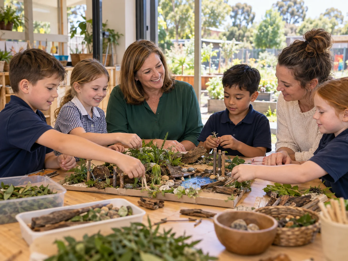 Interpretive scene of a school leader, teacher and students building a garden model together