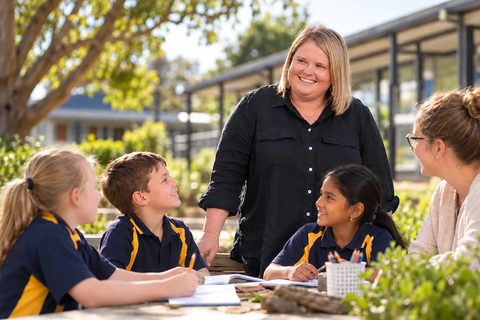 Jacquie Burrows connecting with students in the school garden