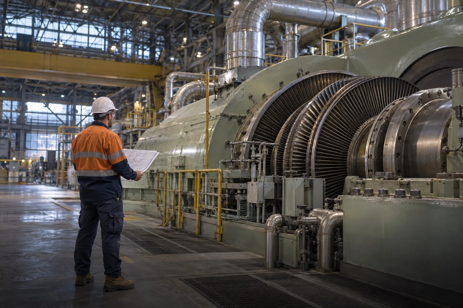 Illustrative engineer inspecting turbine equipment inside a Latrobe Valley power station