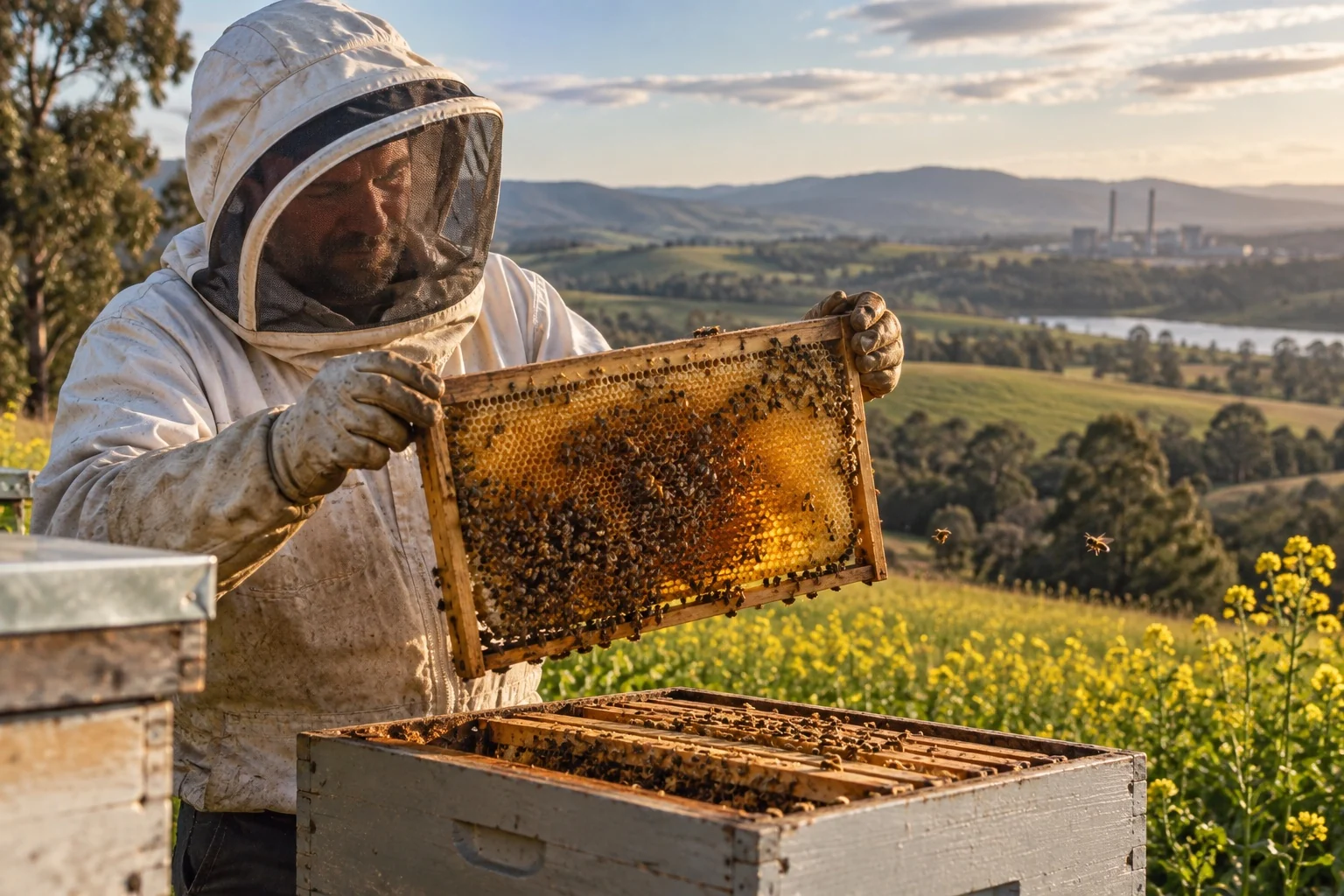 Illustrative beekeeper inspecting a honey frame in the Latrobe Valley