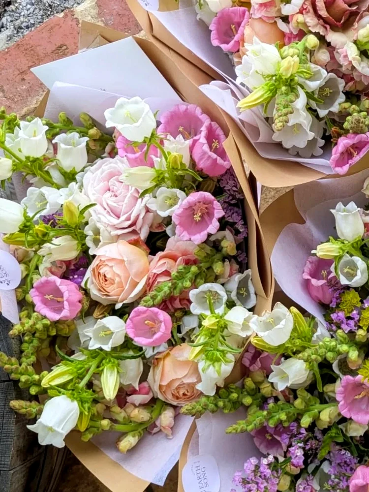 Several wrapped bouquets of pink, white and green flowers arranged together.