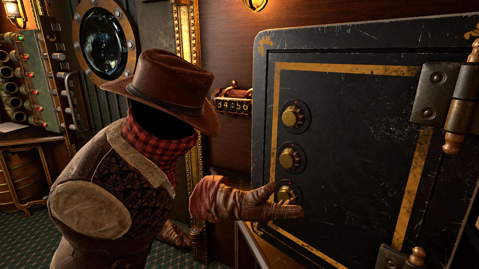 A masked virtual-reality character in a cowboy hat reaching towards the combination dials of a safe.