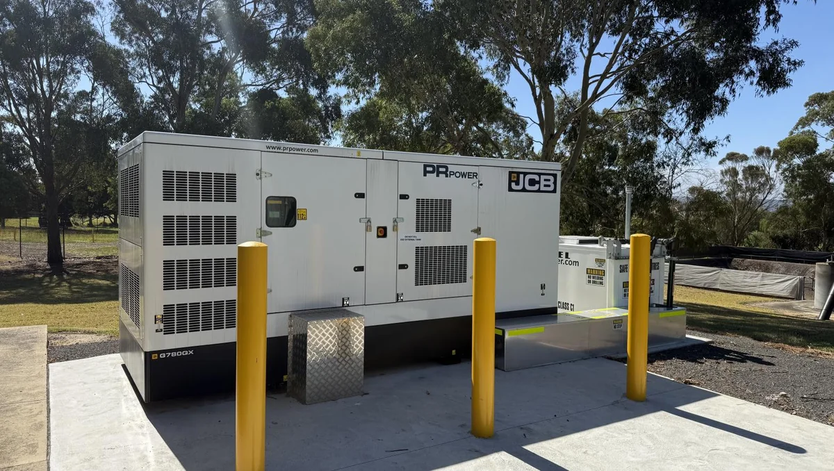 A large backup generator installed beside treatment infrastructure at the Traralgon water treatment plant.